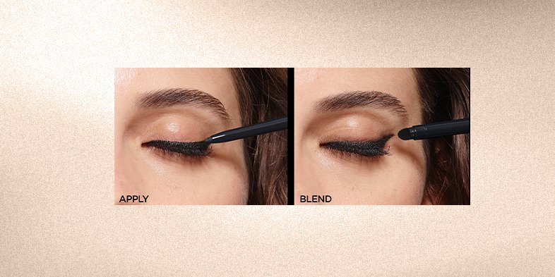 Woman demonstrating how to do gel eyeliner with a winged look for everyday makeup.